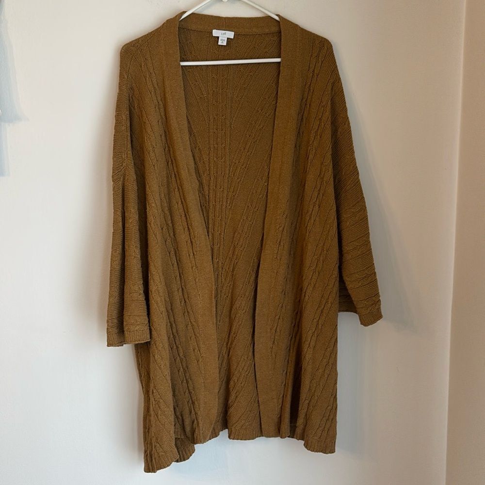 J. Jill Women’s long open cable knit camel tan casual cardigan sweater XL tall!